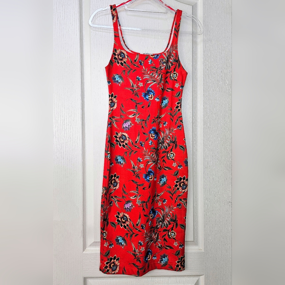 Zara Trafaluc Women's Red Floral Bodycon Tank Midi Dress, MEDIUM